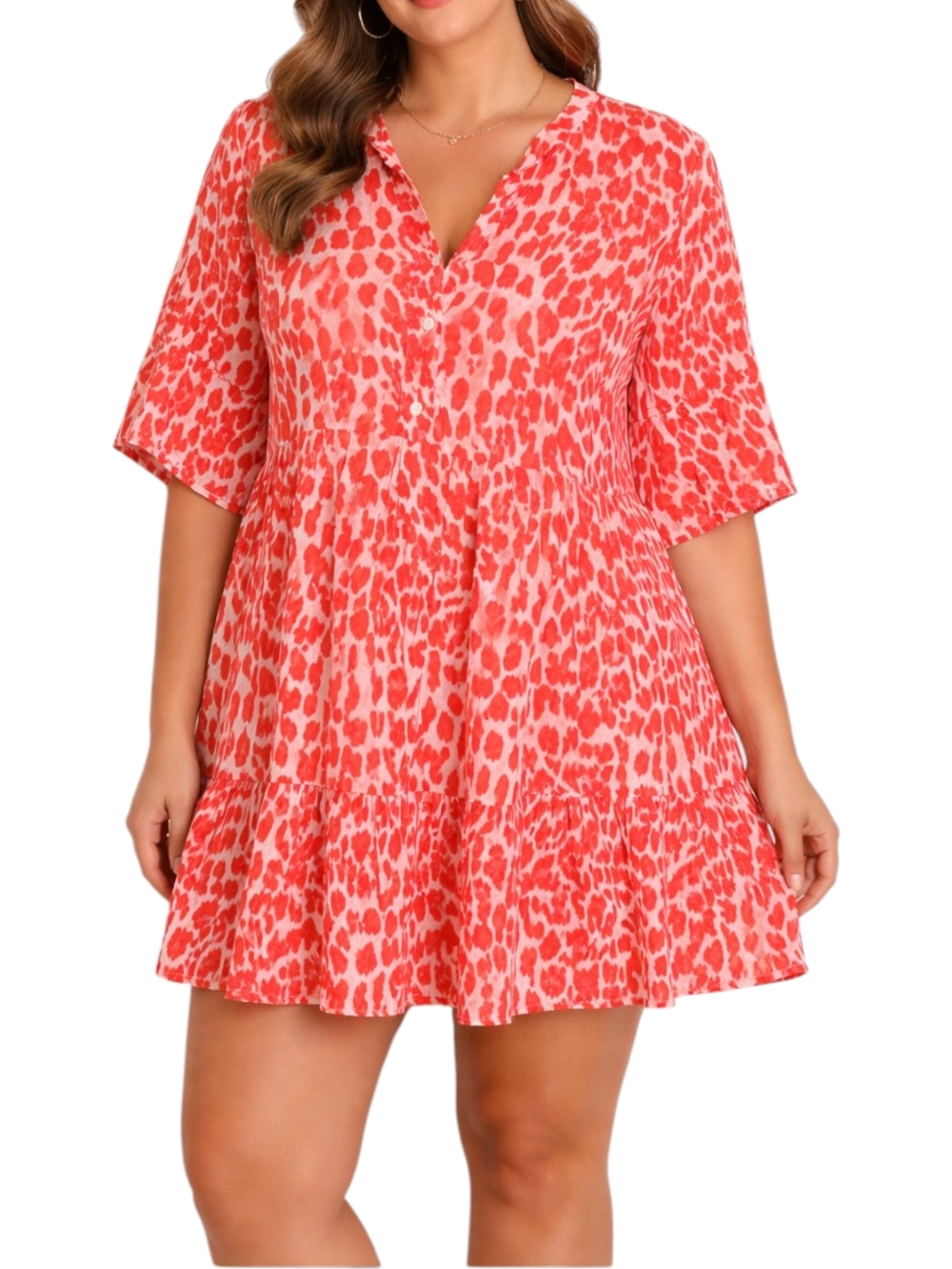 Yolly Italy Coral Animal-Print V-Neck Tiered Tunic/Mini Dress